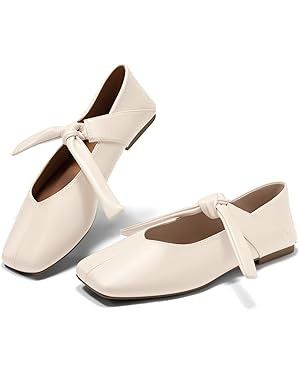 Coutgo Womens Mary Jane Flats Bow Square Toe Ballet Flats Dressy Comfortable Slip on Flat Shoes | Amazon (US)