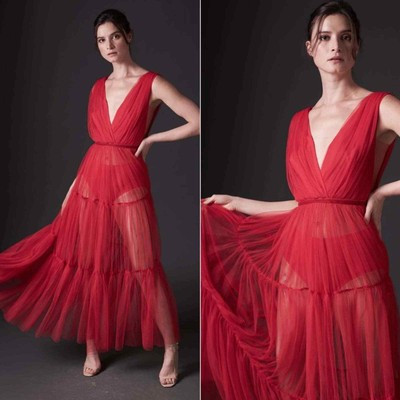 NWT Sau Lee Chloe Tiered Tulle Red Midi Dress | eBay US