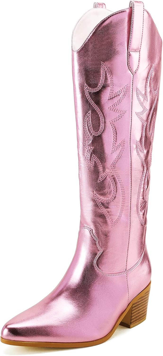 STALOV Embroidered Cowboy Boots for Women, Fashion Western Pointed Toe Chunky Heel Pull-On Knee H... | Amazon (US)