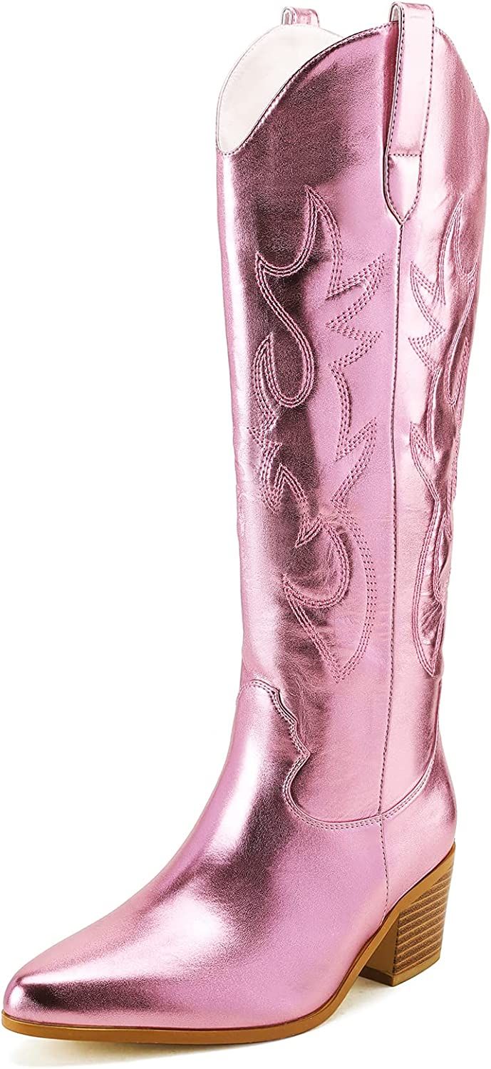 STALOV Embroidered Cowboy Boots for Women, Fashion Western Pointed Toe Chunky Heel Pull-On Knee H... | Amazon (US)