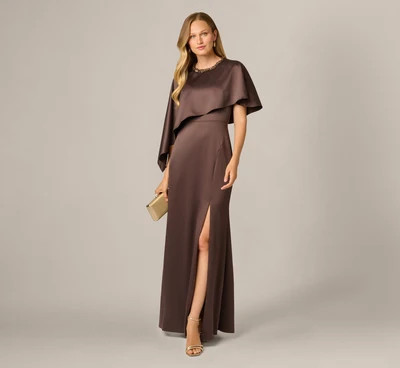 Satin Beaded Collar Asymmetrical Cape Gown In Dark Brown | Adrianna Papell