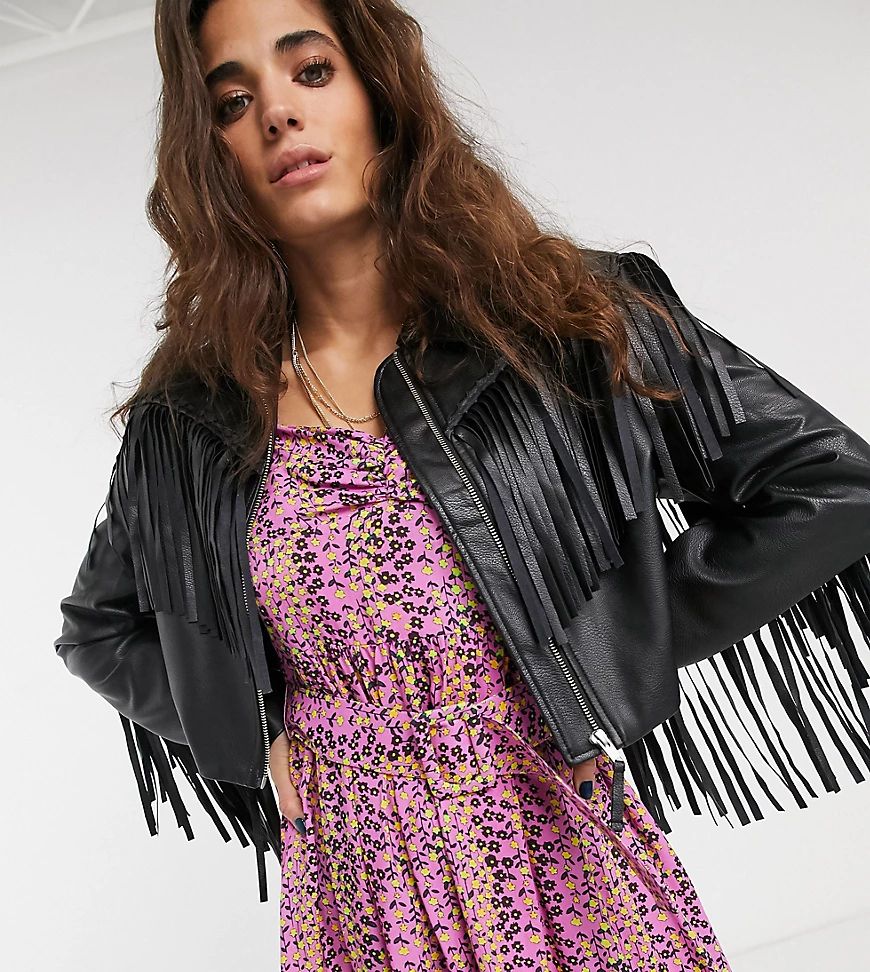Reclaimed Vintage inspired faux leather jacket with fringing in black | ASOS (Global)