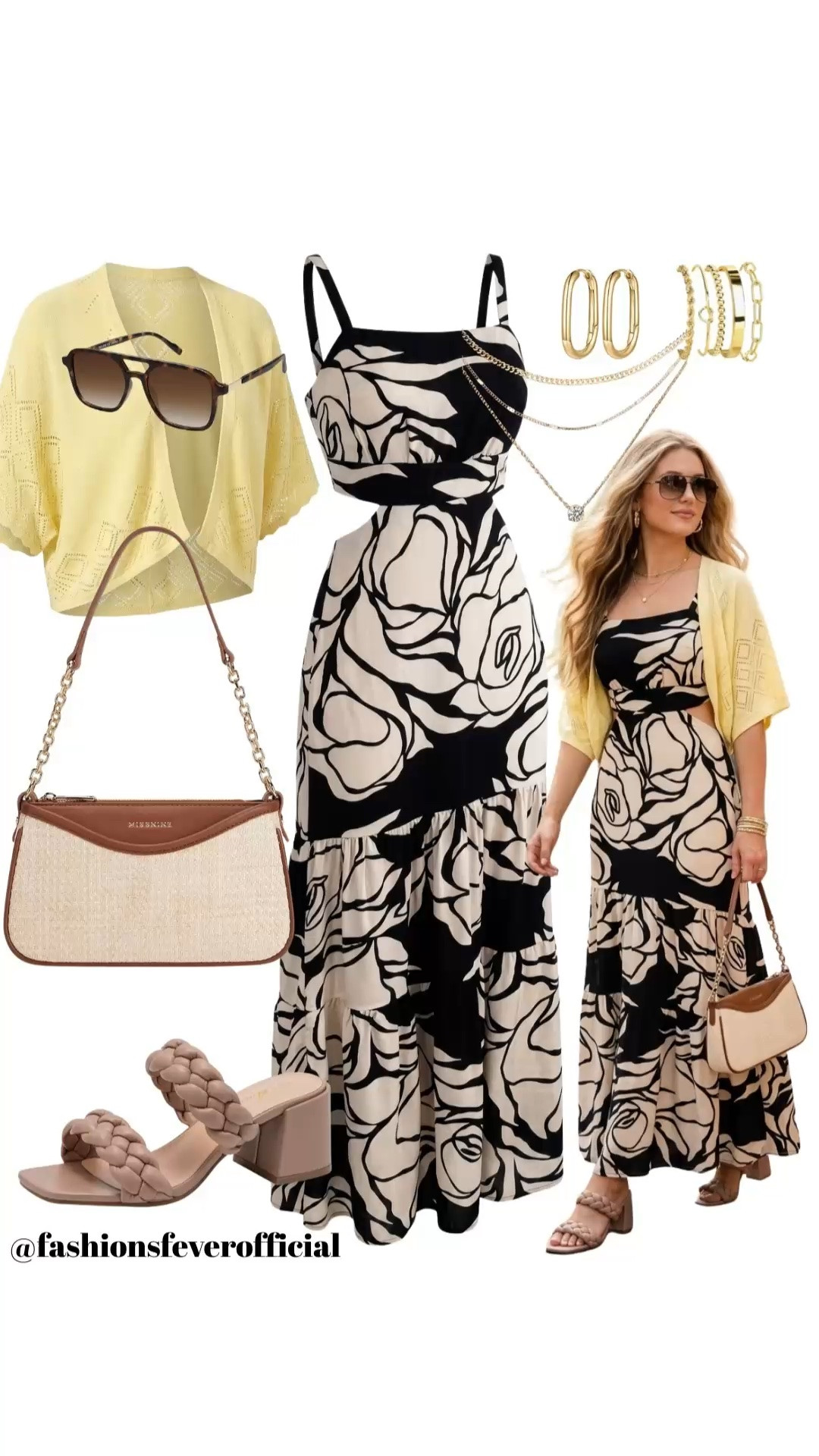 Effortlessly elevate your summer style with this chic, quiet luxury resort outfit that seamlessly transitions from a sunny day of boutique shopping to an elegant al fresco dinner. This look features a bold monochrome graphic print cutout maxi dress paired with a pastel yellow crochet shrug knit cardigan for the perfect touch of seasonal color. Styled with trendy braided block heel mules, a structured leather-trimmed woven raffia bag, and classic gold jewelry accents, it hits all the right elevated casual streetwear notes. Tap the link to shop these exact pieces and recreate this curated summer vacation outfit inspo!#ResortWear #SummerOutfitInspo #QuietLuxury #MaxiDressStyle #ElevatedCasual #StreetStyleInspo #RaffiaBag #BlockHeels #SummerCardigan #VacationStyle #LTKTravel

#LTKsummer #LTKmodest #LTKstyletip