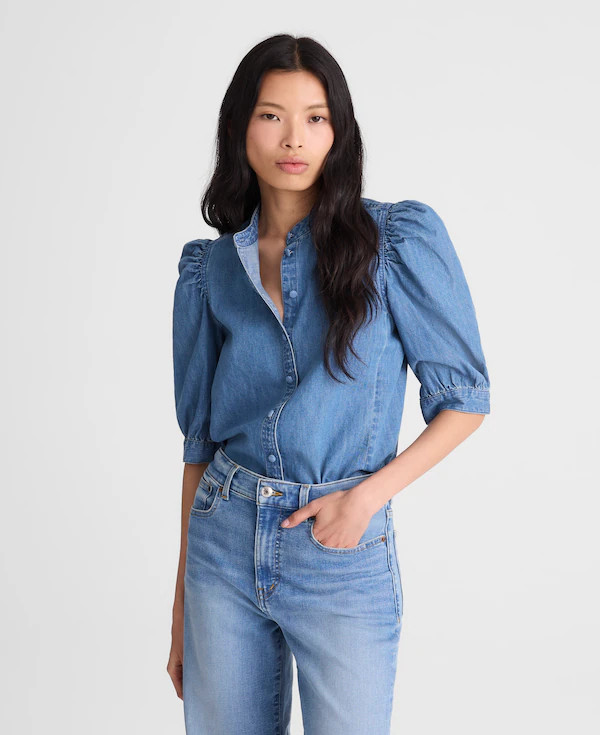 Denim Puff-Sleeve Band-Collar Shirt | Madewell
