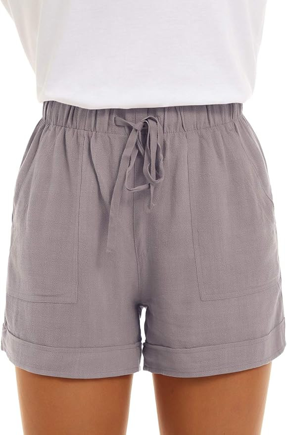 NEYOUQE Womens Cotton Linen Casual Summer Elastic Waist Comfy Shorts with Pocket | Amazon (US)