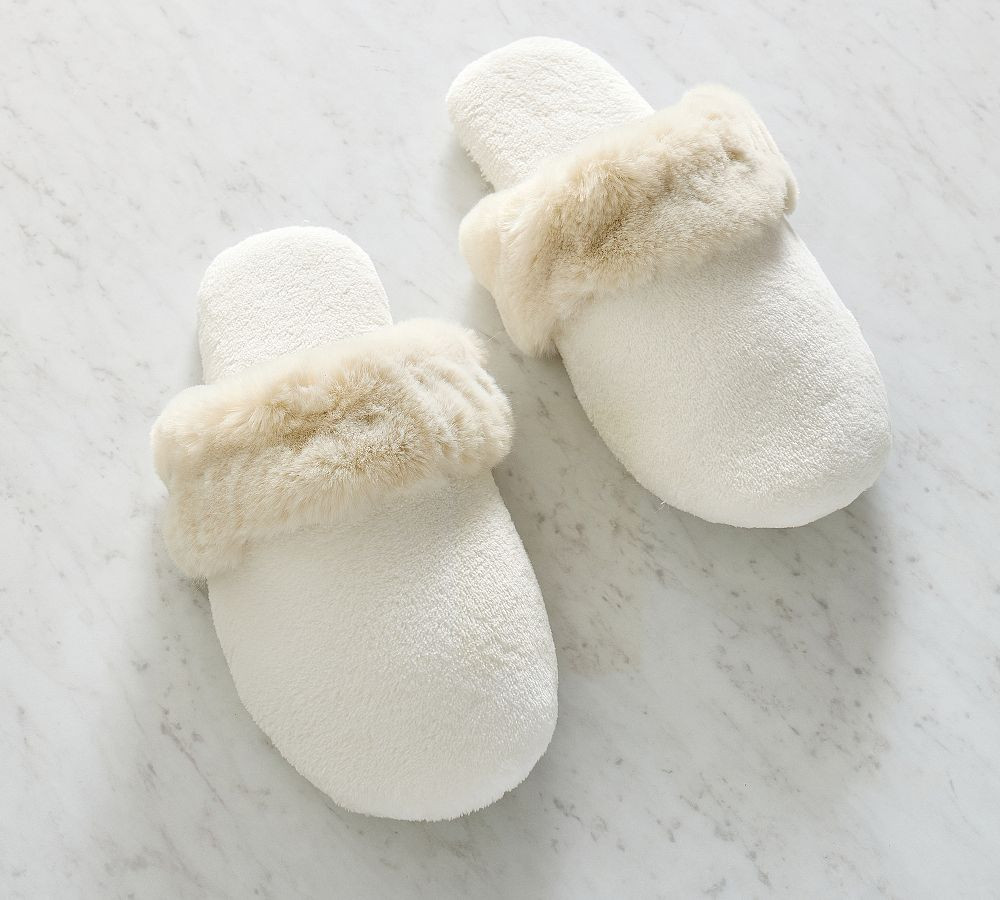 Ruched Faux Fur Slippers, Ivory, Small | Pottery Barn (US)
