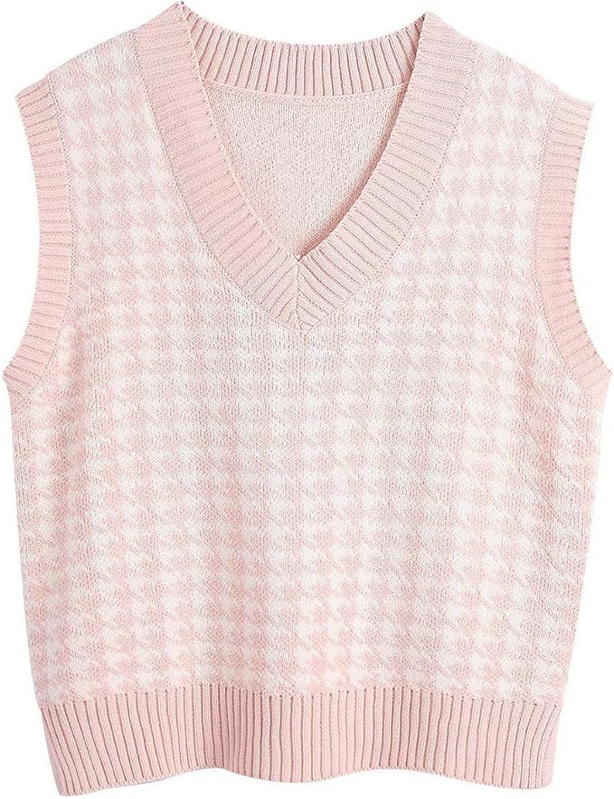 Sdencin Women Houndstooth Pattern Knit Sweater Vest Sleeveless Loose V-Neck 90s Waistcoat Pullove... | Amazon (US)