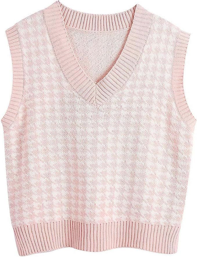 Sdencin Women Houndstooth Pattern Knit Sweater Vest Sleeveless Loose V-Neck 90s Waistcoat Pullove... | Amazon (US)