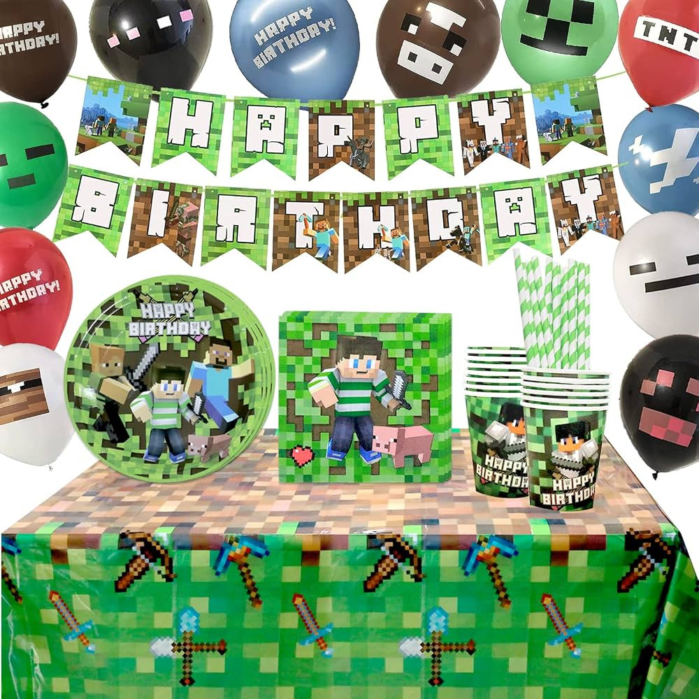 Pixel Birthday Party Supplies Decorations Favors Kit for Girls Boys Kids,Pixel Game Banner Plates... | Amazon (US)
