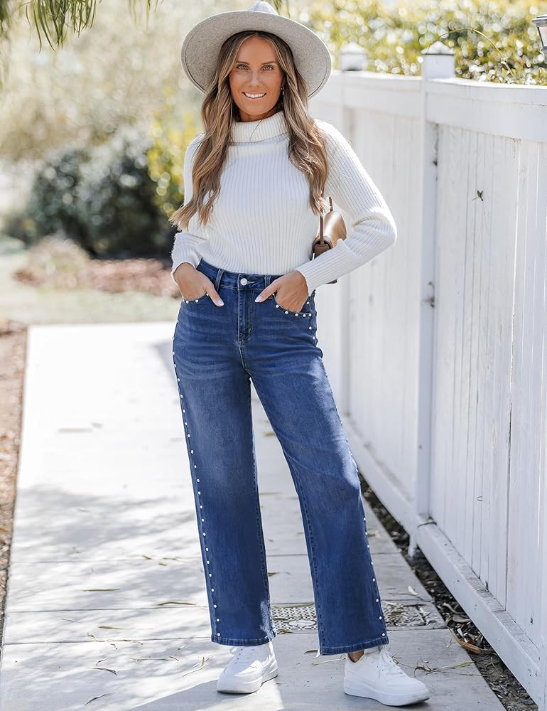 luvamia Women Jeans Wide Leg High Waisted Trendy Side Studded Embellished Distressed Stretchy Den... | Amazon (US)