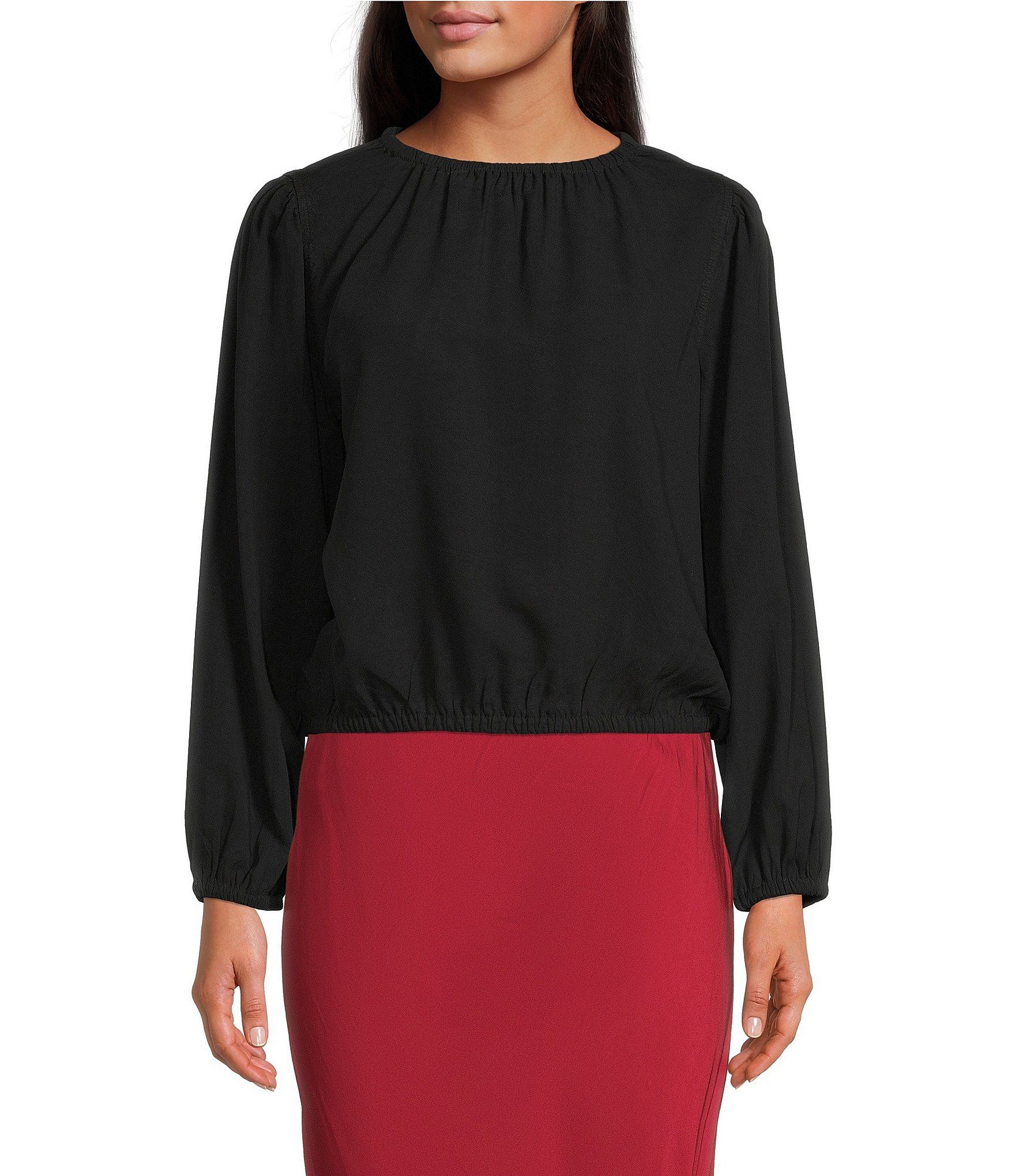 Mock Neck Long Sleeve Shirred Tencel Blouse | Dillard's