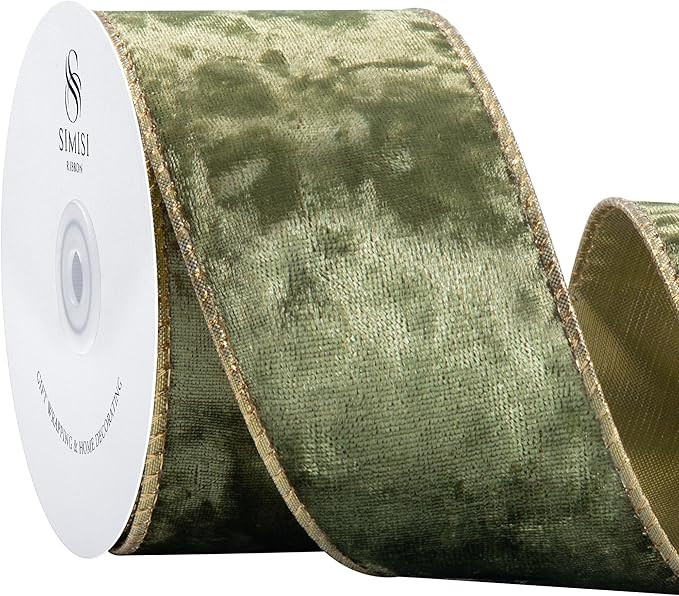 SIMISI RIBBON Olive Green Crushed Velvet Ribbon Wired for Christmas Tree Decorations, Outdoor Orn... | Amazon (US)