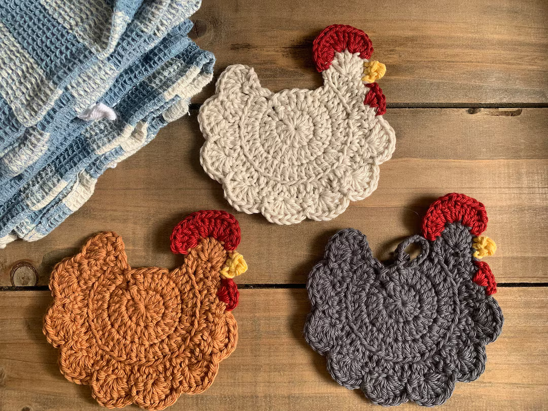 Farmhouse Chicken Crochet Coasters- 100% Cotton- Handmade- Tea Towels Decor- Mother's Day- Birthd... | Etsy (US)