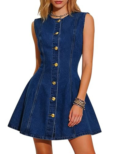 Nitzana Women Denim Dress Jean Sleeveless Button Down A Line Mini Tank Casual Summer Babydoll Dresses with Pocket 2026 Trendy Western Outfits Dark Blue Small | Amazon (US)