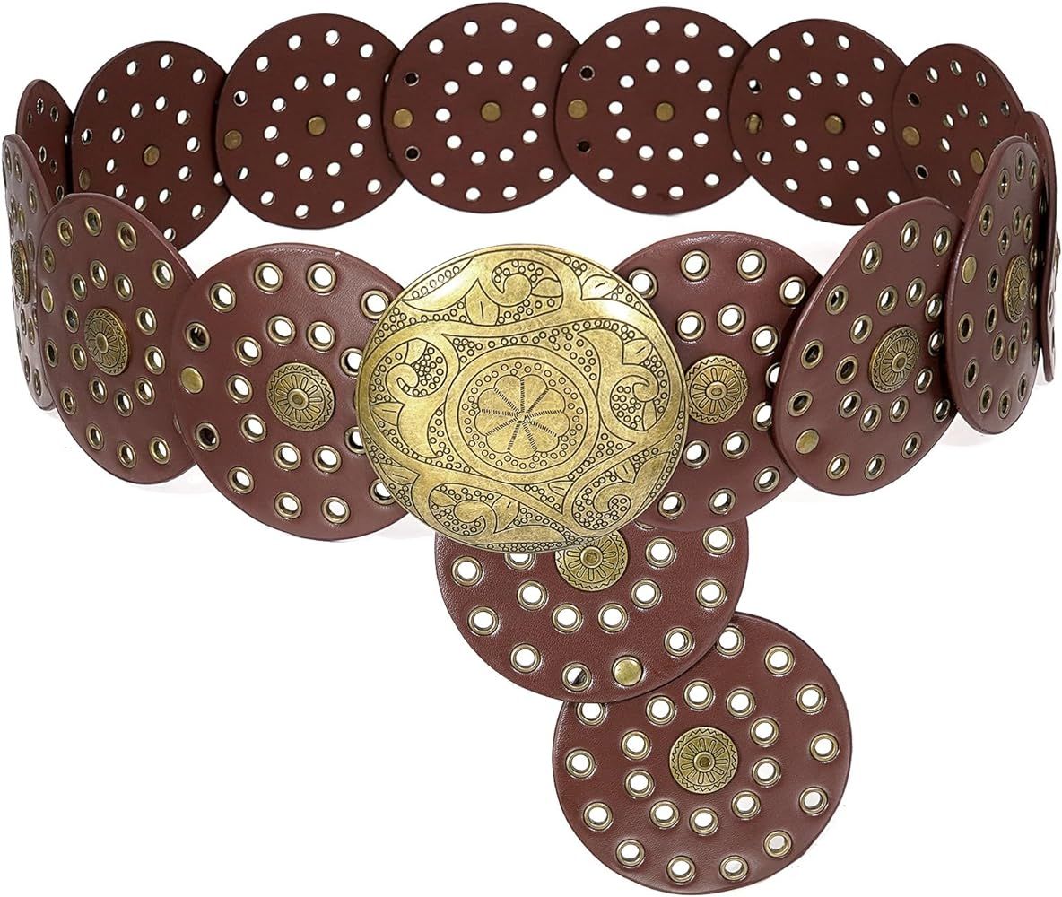 Buywis Wide Disc Belt for Women Boho Disk Concho Leather Belts Western Waist Belts for Dress | Amazon (US)