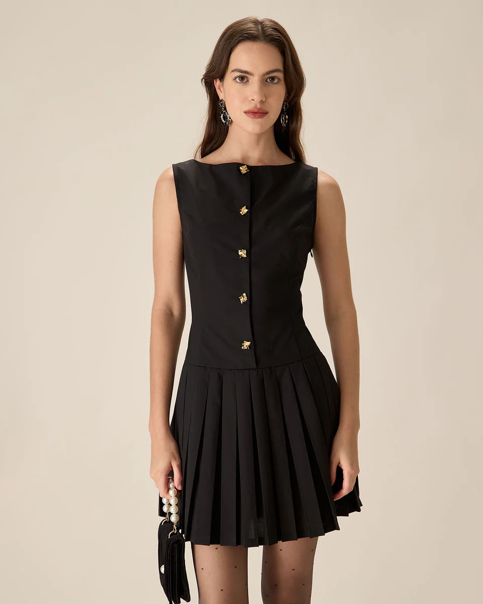 Black Boat Neck Pleated Mini Dress | rihoas.com