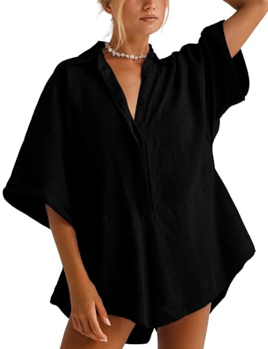 Women One Piece Jumpsuit V-Neck Half Button Collared Rompers Short Sleeve Onesie Playsuit Loose O... | Amazon (US)