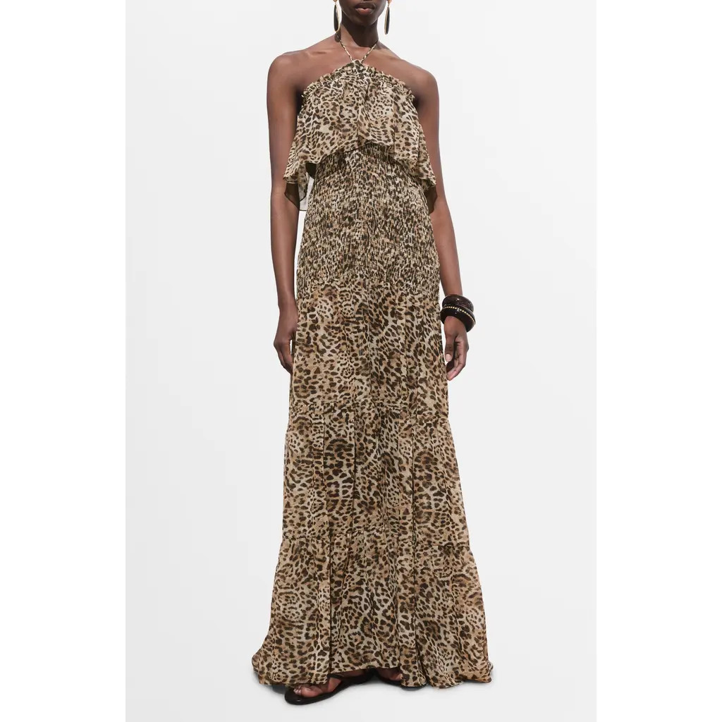 MANGO Leopard Print Halter Maxi Dress in Brown at Nordstrom, Size 6 | Nordstrom