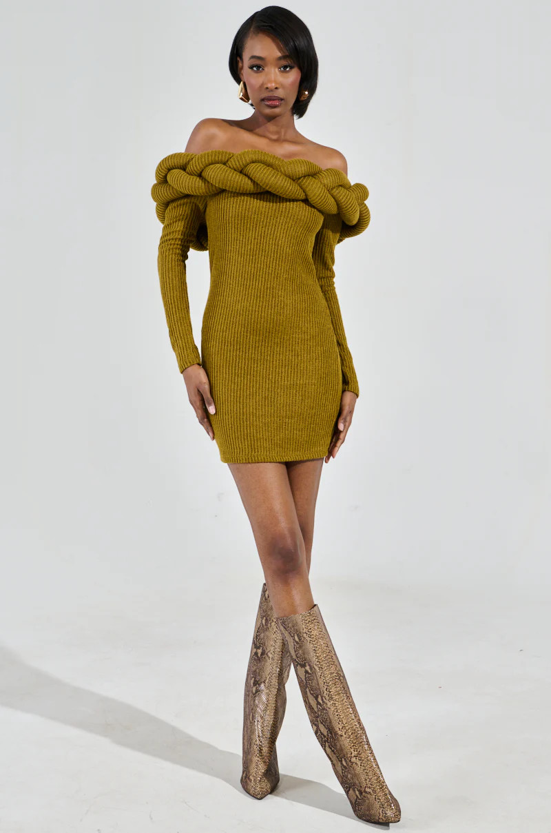 NOT IN THE MOOD KNIT BRAIDED MINI DRESS IN OLIVE | AKIRA