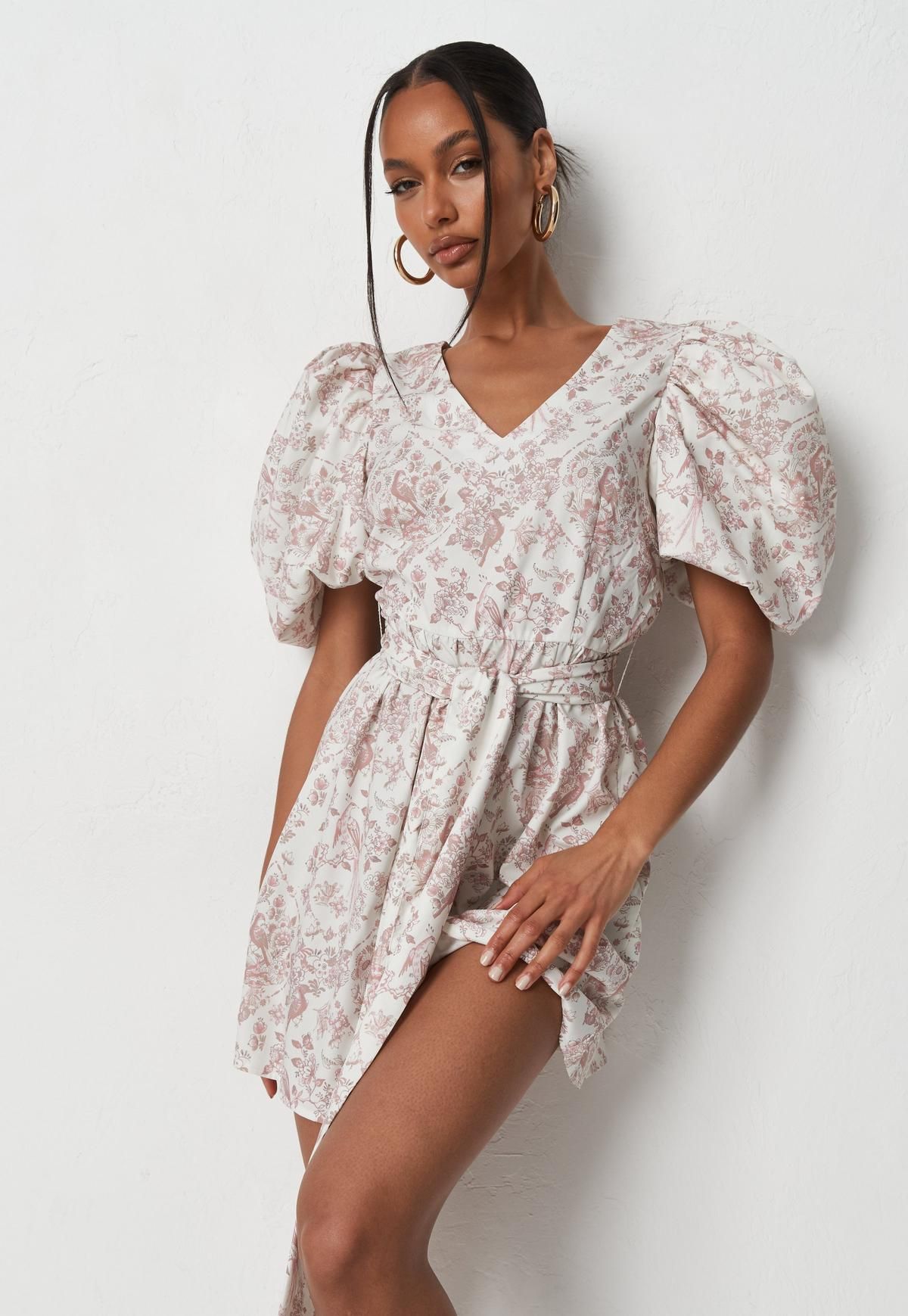 Pink Printed Extreme Puff Sleeve Mini Dress | Missguided (US & CA)