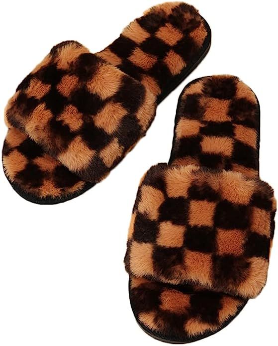Crisjanggo Womens Open Toe Slippers Furry Black and White Checkered House Slippers Fuzzy Faux Fur... | Amazon (US)