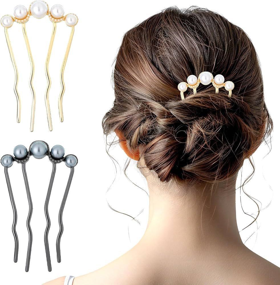 2 Pcs Pearl Hair Pins for Buns, Metal U Shaped Hair Fork Vintage French Twist Hair Side Combs for... | Amazon (US)