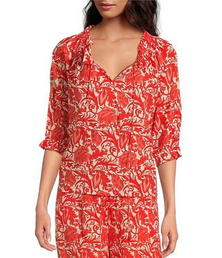 Ro's Garden Havana Woven Floral Print Round Ruffle Tie Neck 3/4 Puff Sleeve Blouse | Dillard's | Dillard's