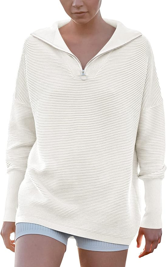 ANRABESS Women's Oversized Sweater Quarter Zip V Neck Collared Ribbed Knit Pullover Tunic 2023 Y2... | Amazon (US)