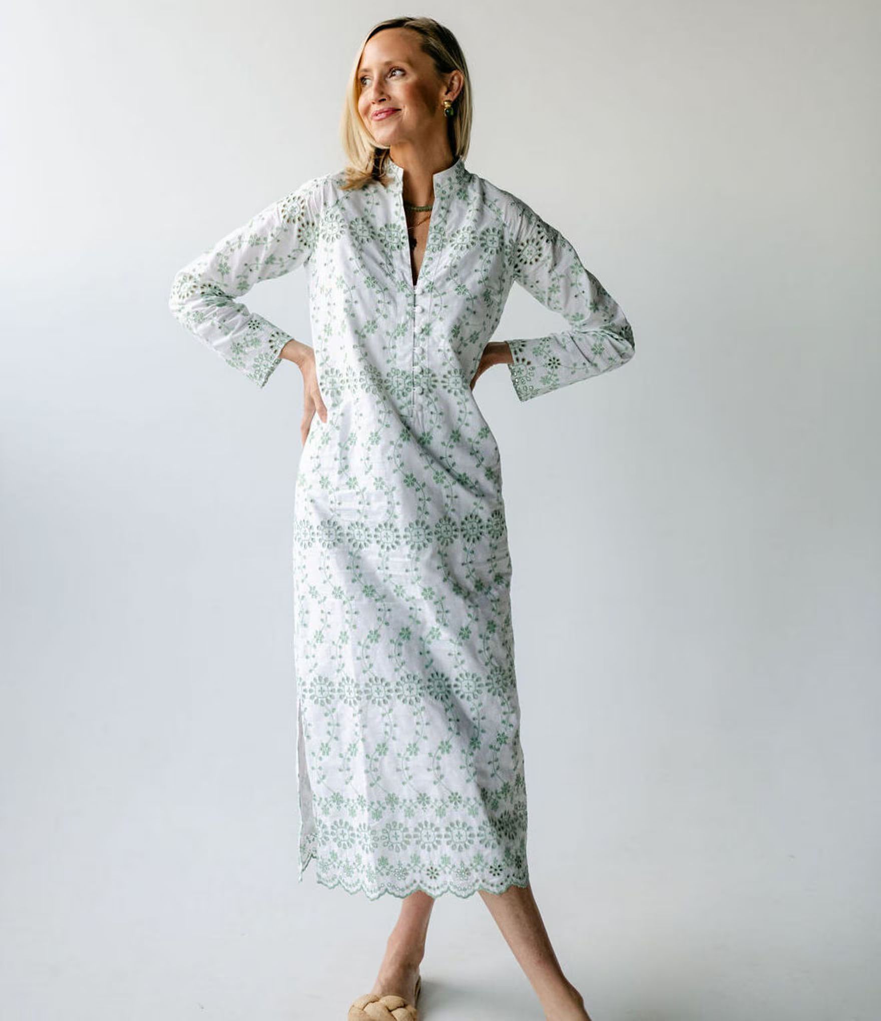 x SARAH & MOLLY Cotton Eyelet Stripe Print Long Sleeve Midi Caftan Dress | Dillard's