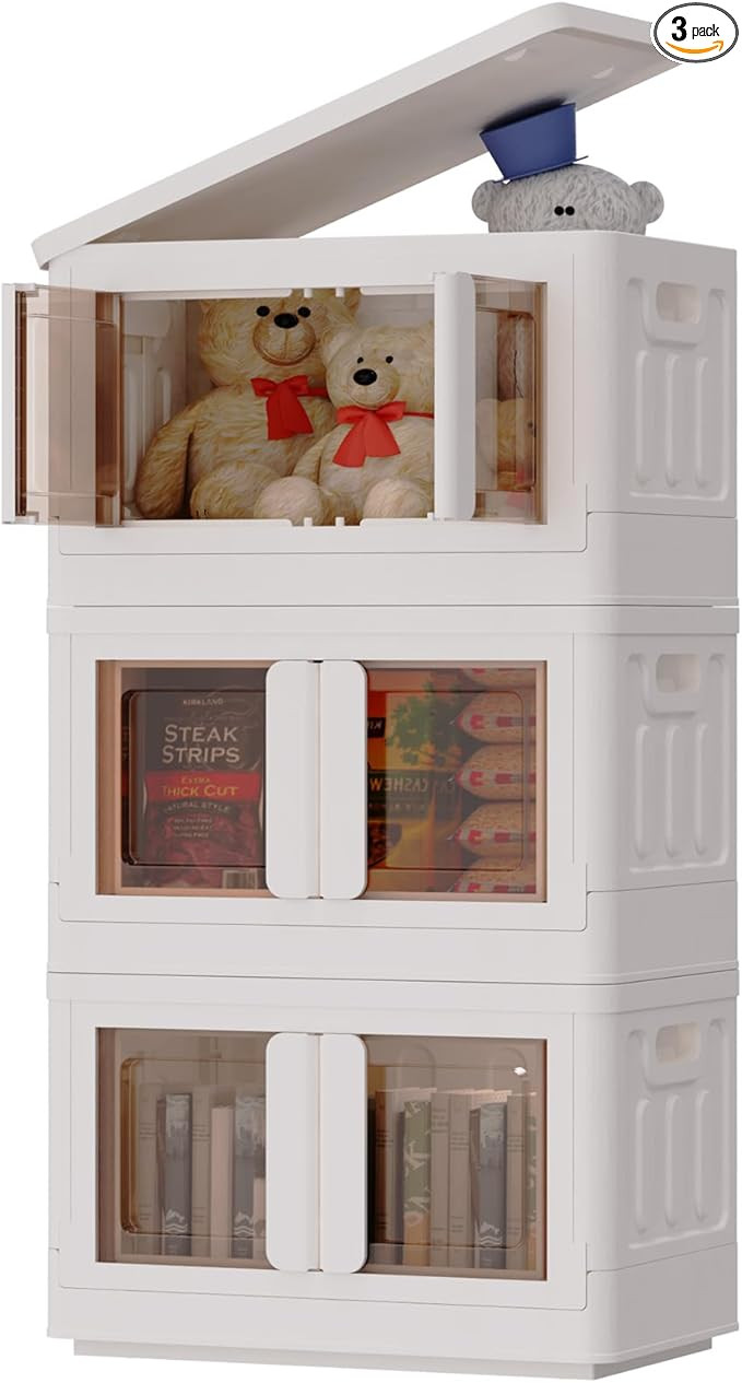 FLEXIMOUNTS 8.4 Gal Collapsible Plastic Storage Bins, 3-Pack Stackable Storage Bins, Milky White ... | Amazon (US)