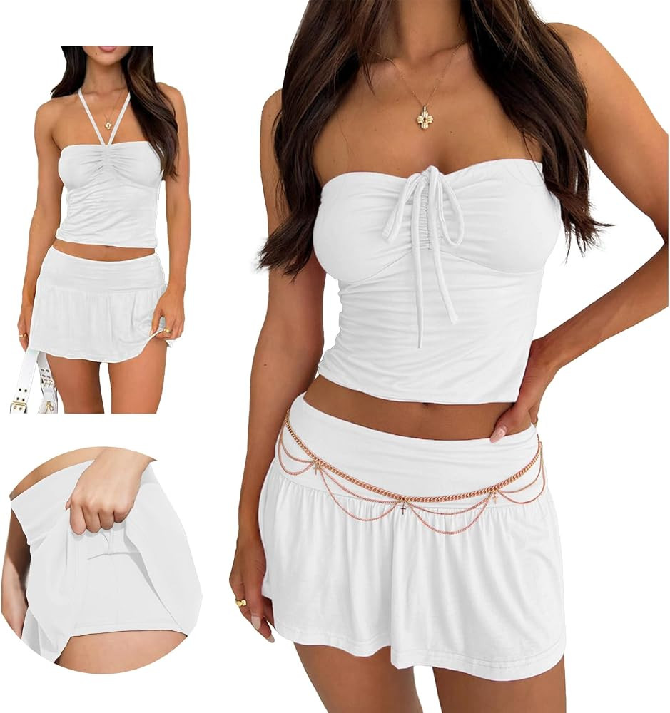 Summer Two Piece Outfits for Women Y2K Going Out Tie Ruched Tube Crop Tops Low Rise Pleated Mini ... | Amazon (US)