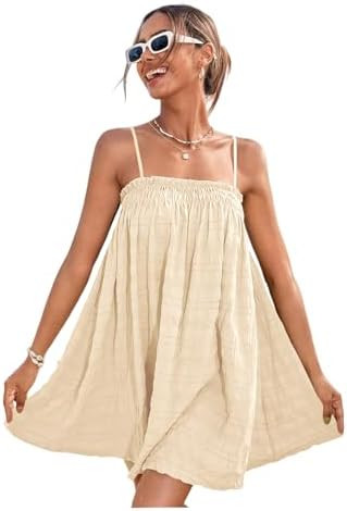 Amazon.com: MakeMeChic Women's Sundress Flowy Cami Mini Dress Sleeveless Ruffle Swing Shirred Cas... | Amazon (US)