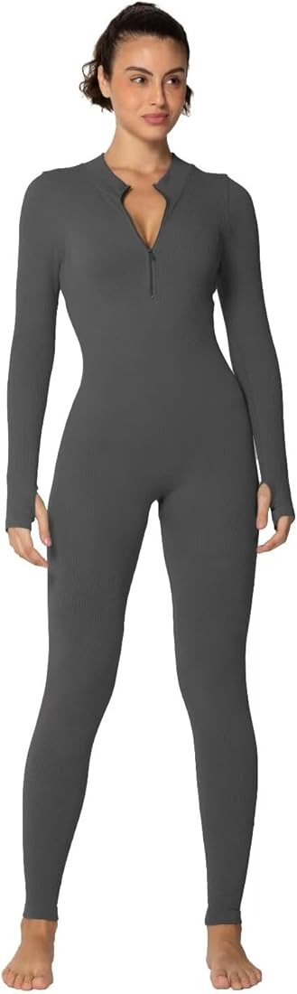 Sunzel Long Sleeve Jumpsuits for Women, Ribbed One Piece Casual Yoga Workout Zip Front Bodycon, L... | Amazon (US)