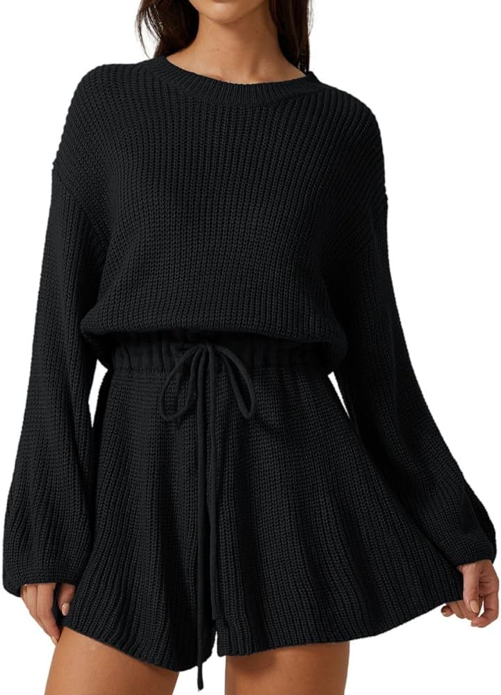 Meyeeka Knit Romper for Women Long Sleeve Wide Leg Sweater Casual Loose Drawstring Short Jumpsuit | Amazon (US)