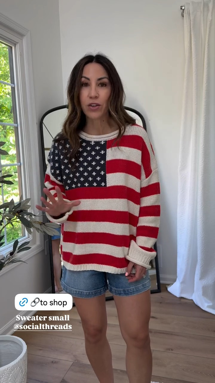 Small flag sweater. Denim shorts 25. 4th of July outfit

#LTKOver40 #LTKPetite
