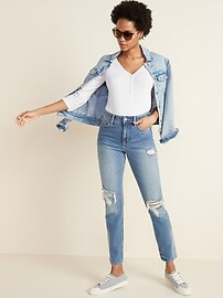 High-Waisted Distressed Power Slim Straight Jeans For Women | Old Navy (US)
