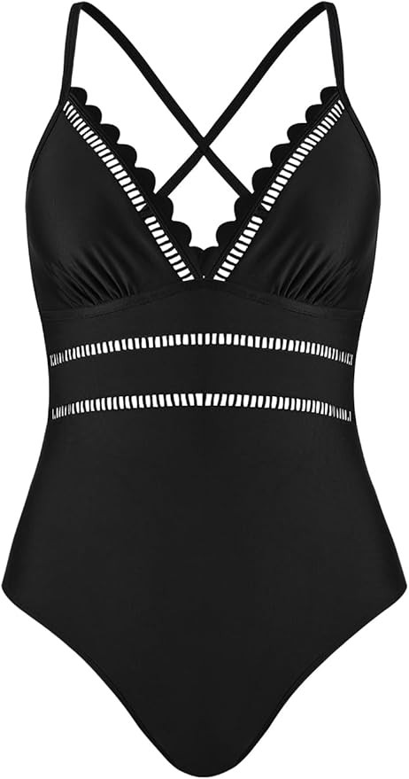 CUPSHE Women's One Piece Swimsuit Bathing Suit Plunging Neck Back Crisscross Scalloped Spaghetti ... | Amazon (US)