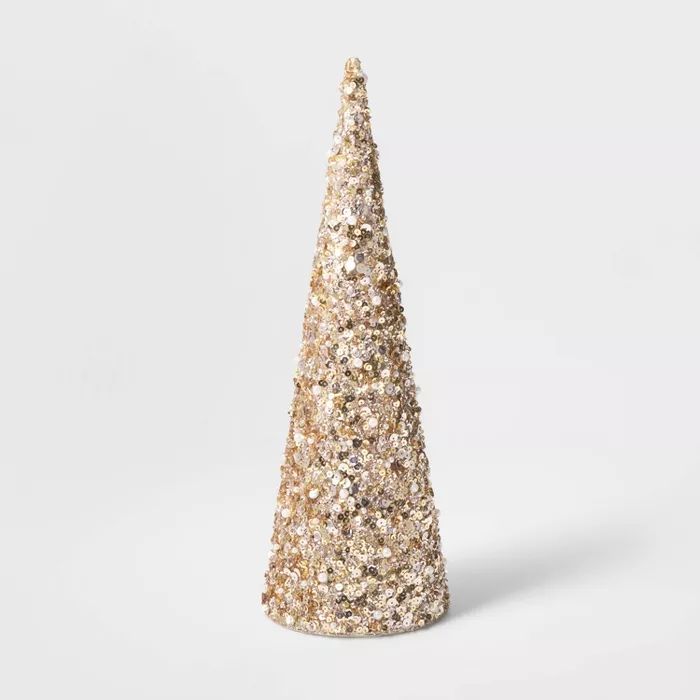 Large Sequin Tree Cone with Beads Decorative Figurine Gold - Wondershop&#8482; | Target
