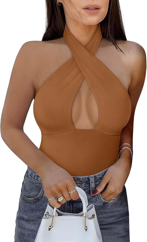REORIA Butsmooth® Women's Trendy Sexy Criss Cross Halter Neck Sleeveless Thong Bodysuits Tops Cl... | Amazon (US)