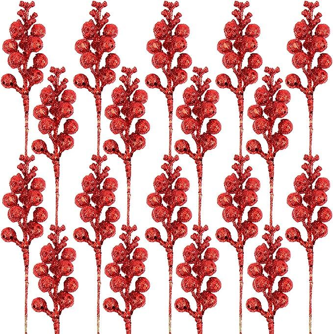 DIYASY Artificial Red Berry Stems,20 Pcs 7.8 Inch Glitter Christmas Tree Picks for Christmas Tree... | Amazon (US)