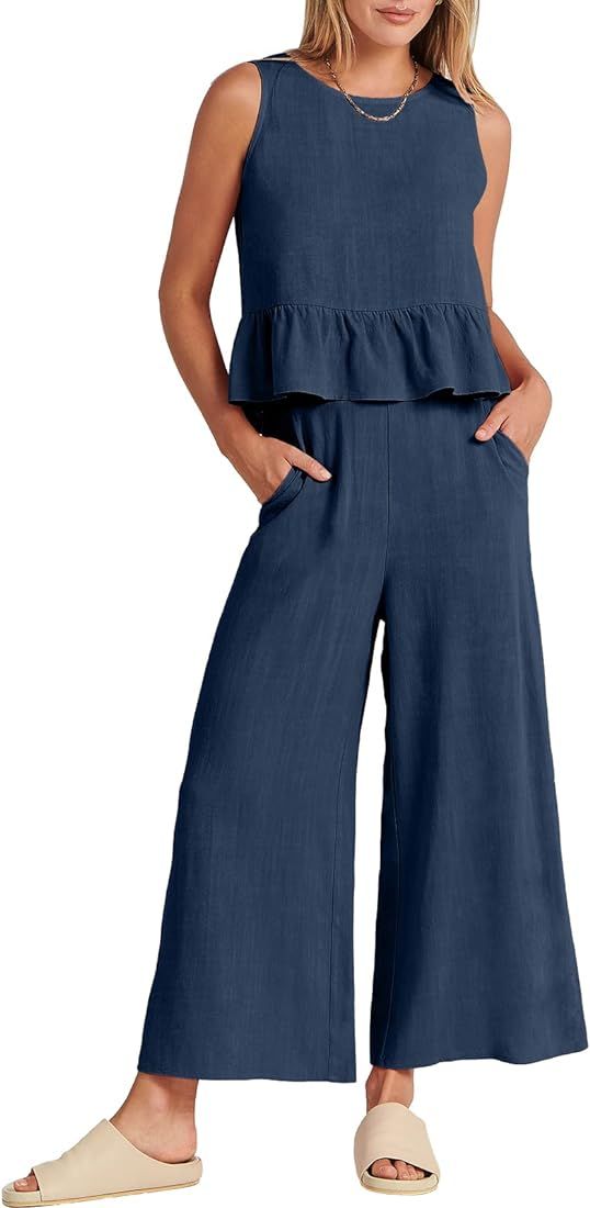 Prinbara Women's Summer 2 Piece Outfits Sleeveless Round Neck Ruffle Tank Crop Top Wide Leg Pants... | Amazon (US)