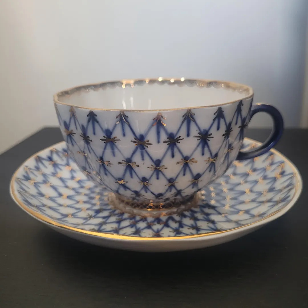 Lomonosov Hand Painted Cobalt Net 22 Kt Gold Teacup & Saucer-made in USSR pre December 1991 - Ets... | Etsy (US)