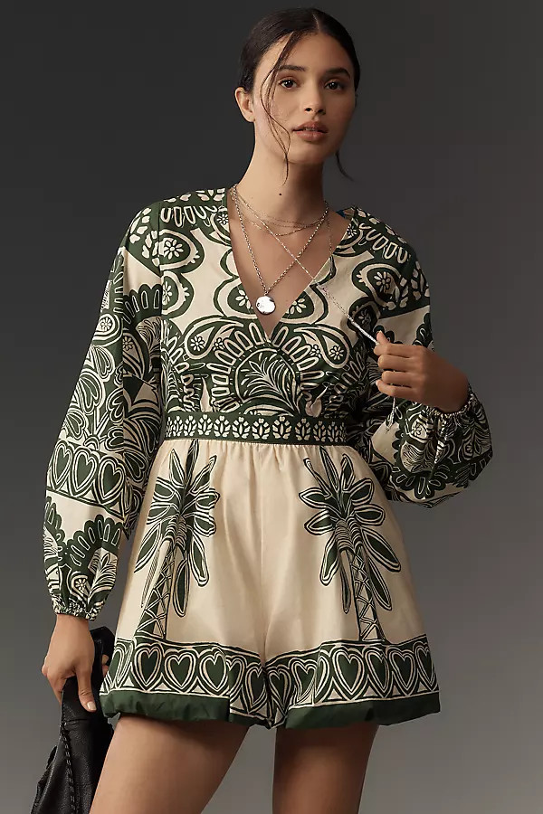 Farm Rio x Anthropologie Long-Sleeve V-Neck Printed Romper | Anthropologie (US)