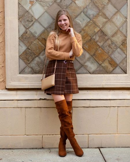 Fall outfit idea. Mini skirt and over the knee boots  