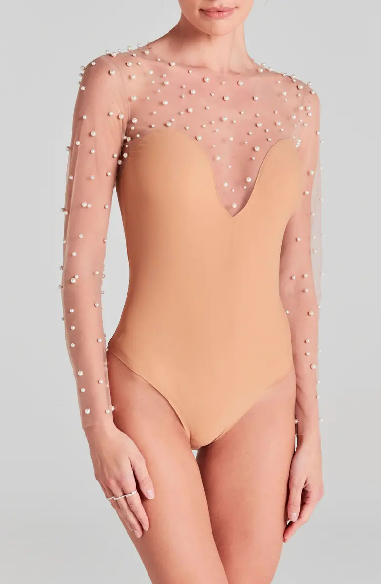 NADINE MERABI Hettie Faux Pearl Illusion Neck Bodysuit | Nordstrom | Nordstrom