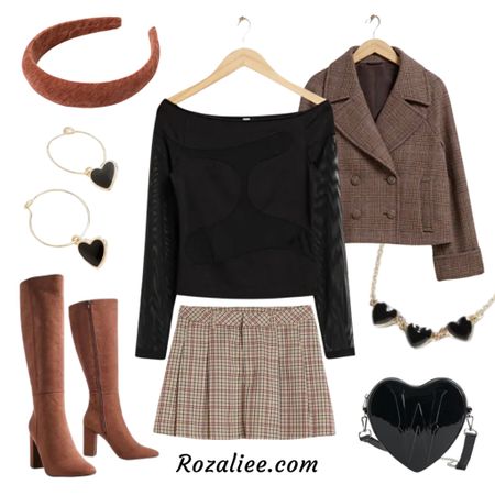 Coquette Outfit #8

Brown cropped jacket coat
Brown plaid jacket coat
Brown checked jacket coat
Black Off shoulder mesh top
Plaid Pleated mini skirt
Checked pleated mini skirt
Brown Knee high heeled boots
Brown padded headband
brown velvet headband
black heart earrings black heart necklace
Black heart crossbody bag

#LTKshoecrush #LTKstyletip #LTKitbag
