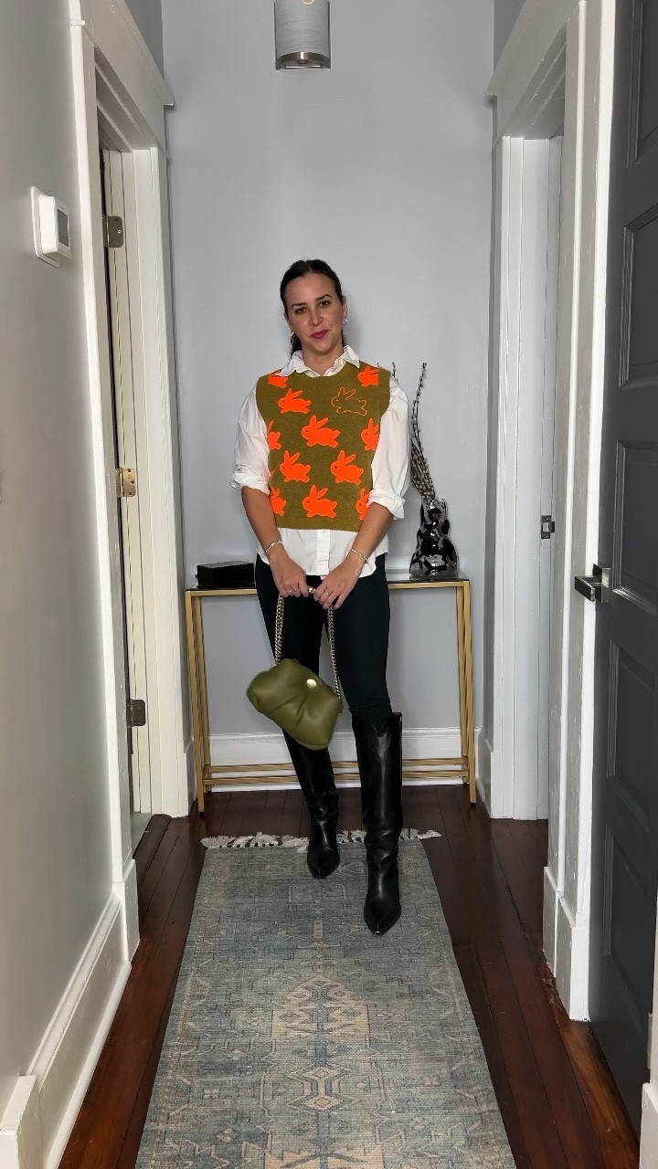 Rent the runway. Sweater vest. Leggings and boots. Dressy casual outfit.

#LTKstyletip #LTKfindsunder100 #LTKVideo