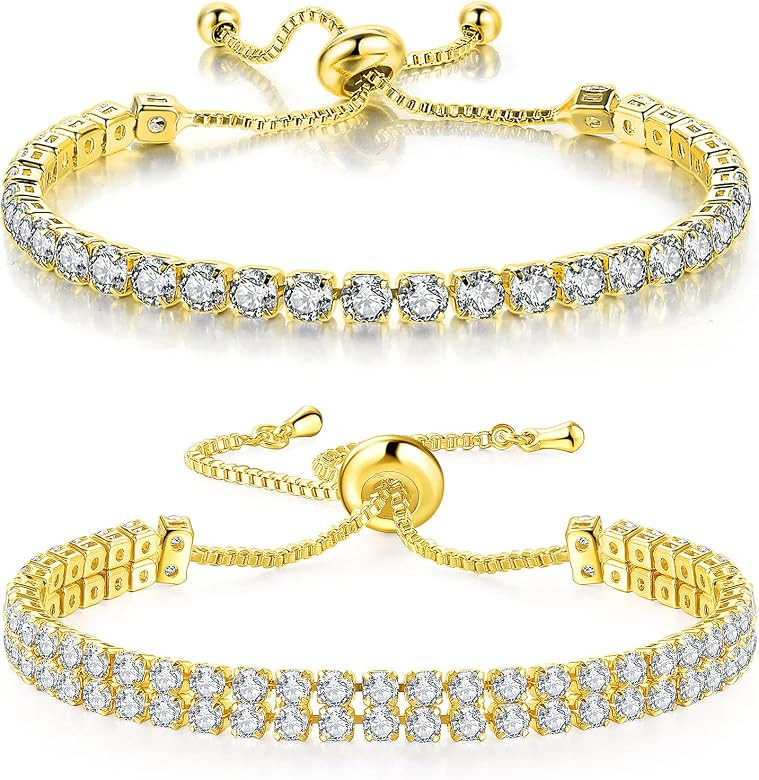 Tennis Bracelets for Women White Gold Plated Diamond AAA+ Cubic Zirconia CZ Dainty Classic Adjust... | Amazon (US)