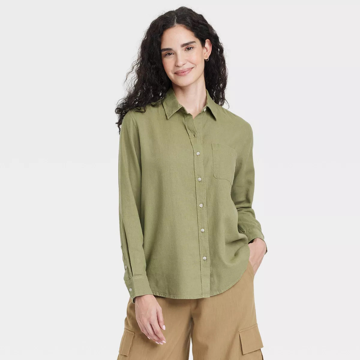 Women's Long Sleeve Collared Linen Button-Down Shirt - Universal Thread™ Olive Green S: Relaxed... | Target