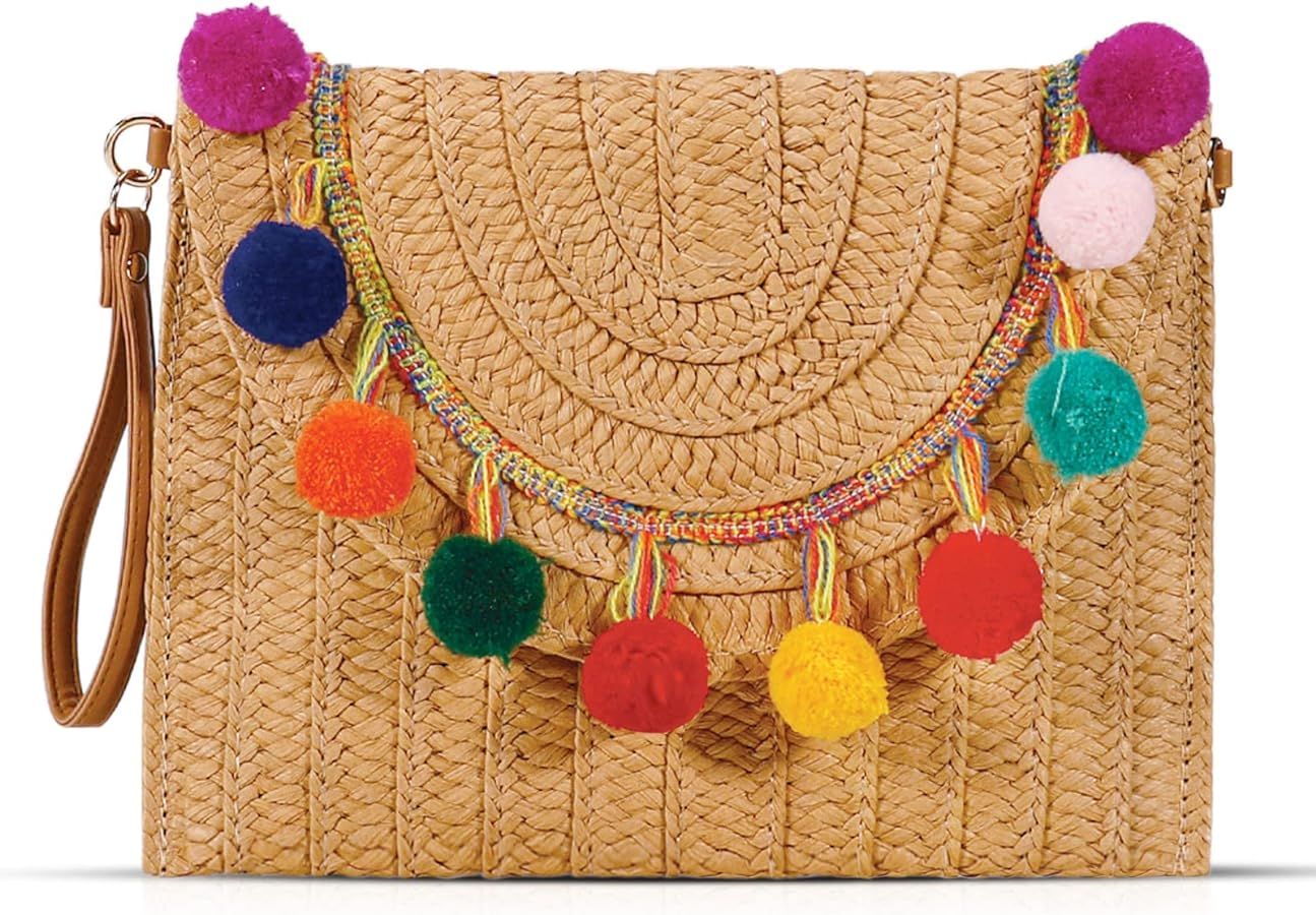 Straw Bag Crossbody Bag for Women, Color Ball Clutch Purses, Bohemian Handmade Woven Handbags, Su... | Amazon (US)